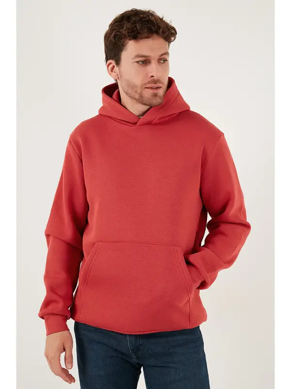 Kırmızı Slim Fit Kapüşonlu Kanguru Cepli İçi Tüylü Yumuşak Şardonlu Erkek Sweat 5905281-Kırmızı - 5