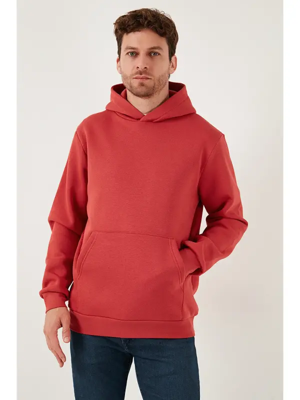 Kırmızı Slim Fit Kapüşonlu Kanguru Cepli İçi Tüylü Yumuşak Şardonlu Erkek Sweat 5905281-Kırmızı - 6