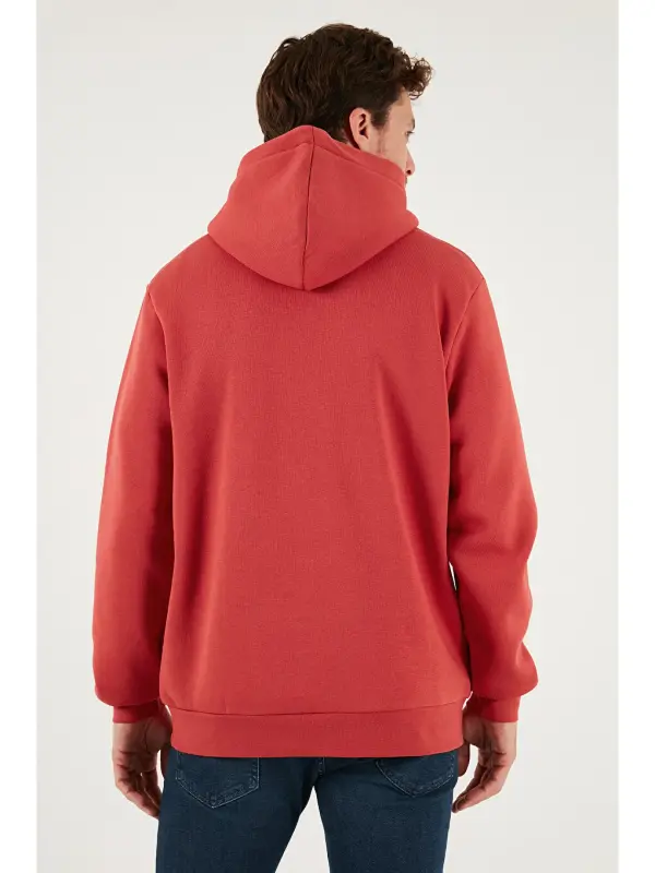 Kırmızı Slim Fit Kapüşonlu Kanguru Cepli İçi Tüylü Yumuşak Şardonlu Erkek Sweat 5905281-Kırmızı - 7