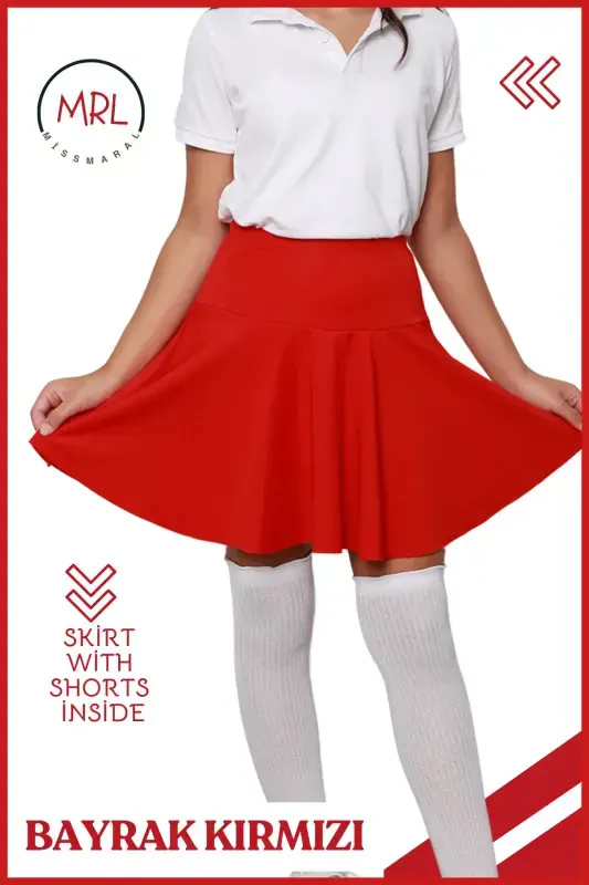 Kırmızı Şortlu Etek Yüksek Bel Okul Oyun Gösteri Bayram Havuz Deniz Etkinlik Skirt With Shorts 4101-KIRMIZI - 1