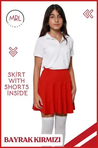Kırmızı Şortlu Etek Yüksek Bel Okul Oyun Gösteri Bayram Havuz Deniz Etkinlik Skirt With Shorts 4101-KIRMIZI - 4