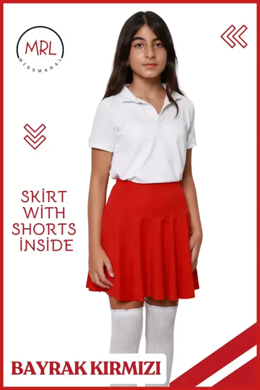 Kırmızı Şortlu Etek Yüksek Bel Okul Oyun Gösteri Bayram Havuz Deniz Etkinlik Skirt With Shorts 4101-KIRMIZI - 4