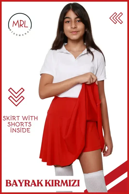 Kırmızı Şortlu Etek Yüksek Bel Okul Oyun Gösteri Bayram Havuz Deniz Etkinlik Skirt With Shorts 4101-KIRMIZI - 6