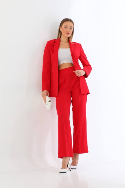 Kırmızı Tek Düğme Blazer Ceket Cepli Palazzo Pantolon Takım-Kırmızı - 4