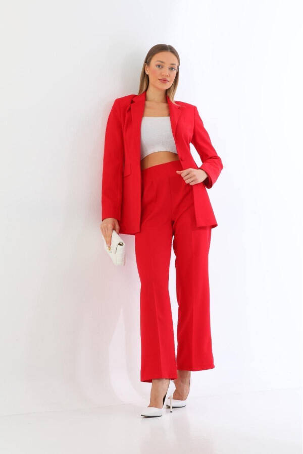 Kırmızı Tek Düğme Blazer Ceket Cepli Palazzo Pantolon Takım-Kırmızı - 4