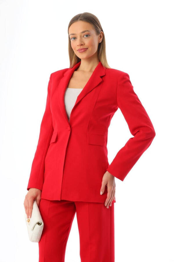 Kırmızı Tek Düğme Blazer Ceket Cepli Palazzo Pantolon Takım-Kırmızı - 5