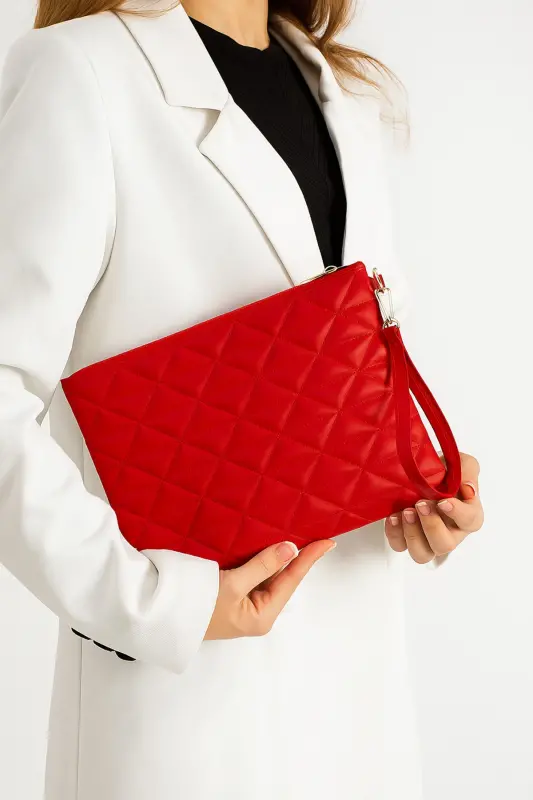 Kırmızı Üçgen Desenli Portföy Clutch El Çantası-Kırmızı - BAGFONI
