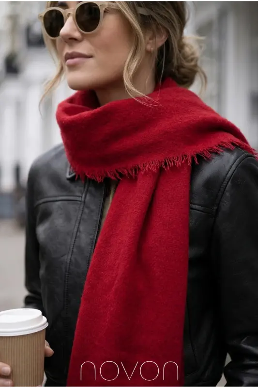 Kırmızı Viral Soft Touch Püskül Detaylı Yün Dokulu Kışlık Şal / Uzun Atkı - Moulin Red - 3