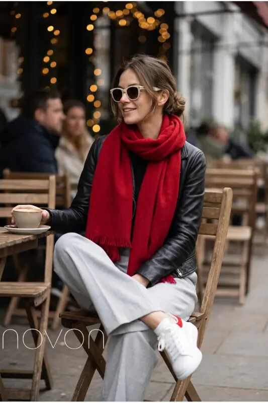 Kırmızı Viral Soft Touch Püskül Detaylı Yün Dokulu Kışlık Şal / Uzun Atkı - Moulin Red - novon