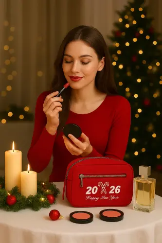 Kırmızı Yılbaşı Temalı Makyaj Çantası – Seyahat ve Kozmetik Organizer – Hediyelik Kadın Çantası-Kırmızı - NS RELIABLE (1)