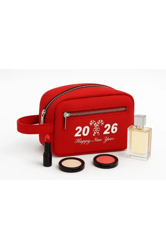 Kırmızı Yılbaşı Temalı Makyaj Çantası – Seyahat ve Kozmetik Organizer – Hediyelik Kadın Çantası-Kırmızı - 3