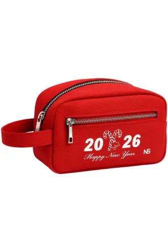 Kırmızı Yılbaşı Temalı Makyaj Çantası – Seyahat ve Kozmetik Organizer – Hediyelik Kadın Çantası-Kırmızı - 1
