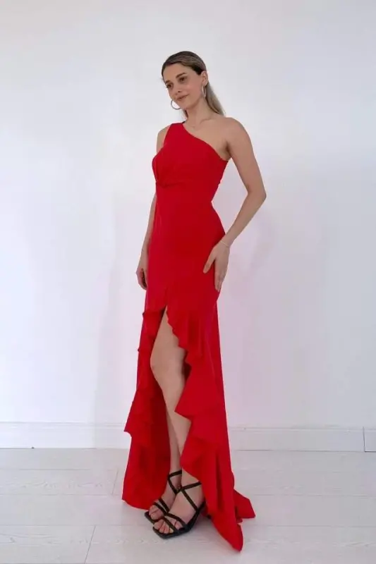 Kırmızı Yırtmaçlı Volanlı Elbise - 2