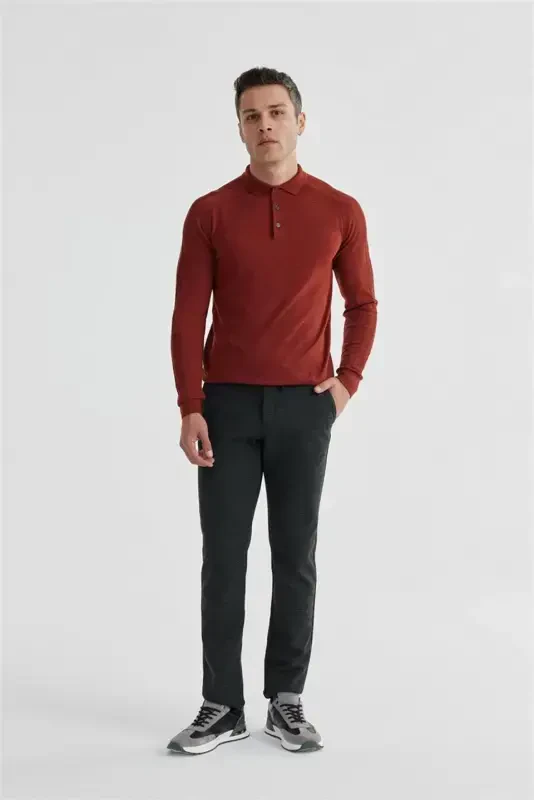 Кирпичный Slim Fit Шерстяной Узорчатый Трикотаж Поло Воротник - 2
