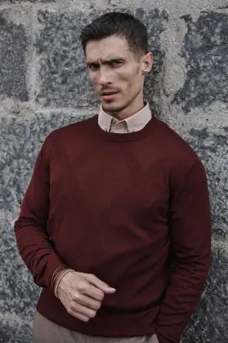 Кирпичный Трикотаж в рубчик Slim Fit с круглым вырезом - 1