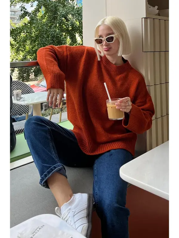 Кирпичный Велосипедный Воротник Большой Трикотажный Свитер Mg1972-Коричневый - 3