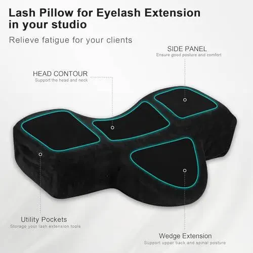 IMENE Lash Pillow for Lash Extensions- Memory Foam Lash Pillow with Neck and Back Support, Ergonomic lash Bed Pillow with Velvet Pillowcase and Lash Organizer Pockets （Black） - 3