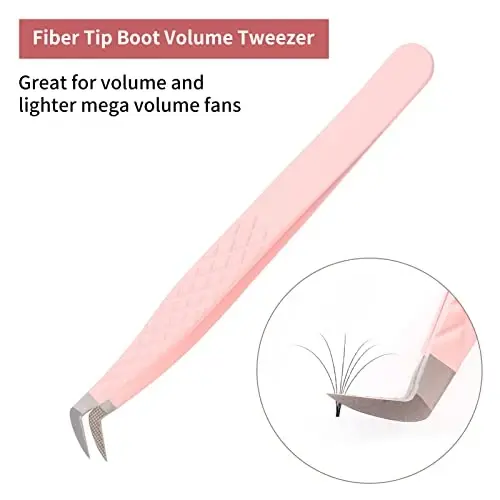 Lash Tweezers for Eyelash Extensions - Professional Artist Tech Work Kit Tools With Fiber Tip for Light or Mega Volume Fans - Curved Tweezers - 2