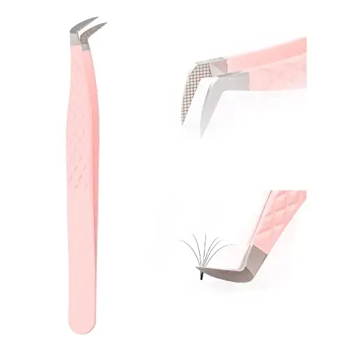 Lash Tweezers for Eyelash Extensions - Professional Artist Tech Work Kit Tools With Fiber Tip for Light or Mega Volume Fans - Curved Tweezers - 1