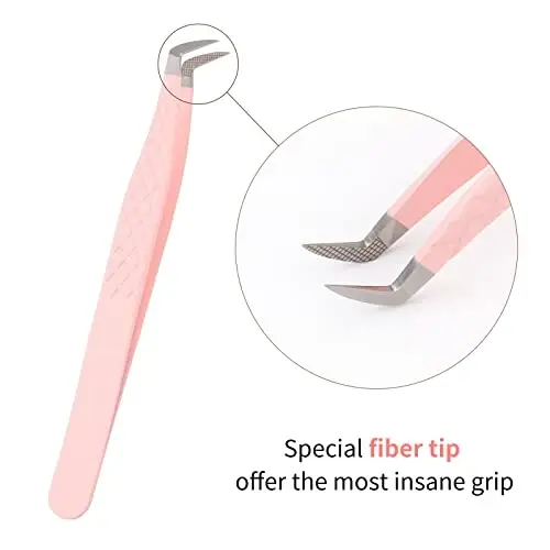 Lash Tweezers for Eyelash Extensions - Professional Artist Tech Work Kit Tools With Fiber Tip for Light or Mega Volume Fans - Curved Tweezers - 6