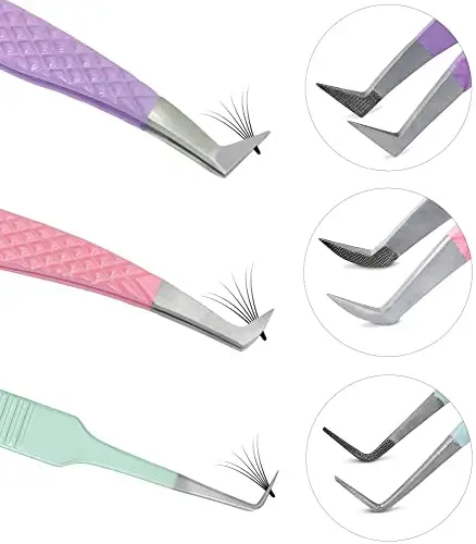 SIVOTE Lash Tweezers for Eyelash Extensions, Set of 3 - Volume, Volume Boot, Slim 90 Degree Tweezers with Fiber Tips in Pastel Colors, Ideal for Mega, Volume & Russian Lashes - Includes Leather Pouch - 1