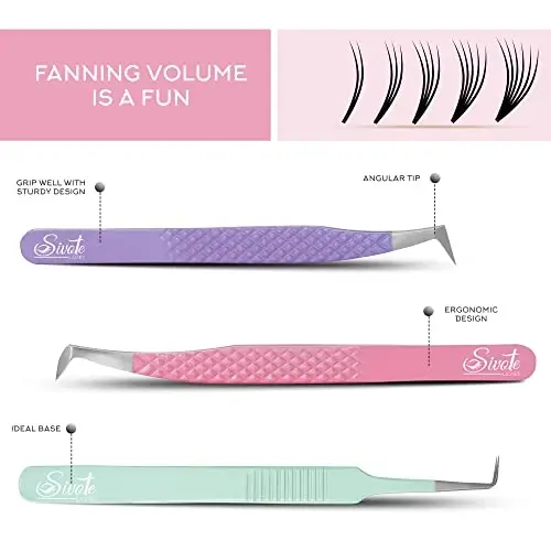 SIVOTE Lash Tweezers for Eyelash Extensions, Set of 3 - Volume, Volume Boot, Slim 90 Degree Tweezers with Fiber Tips in Pastel Colors, Ideal for Mega, Volume & Russian Lashes - Includes Leather Pouch - 2
