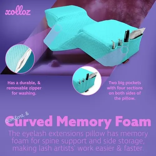 Lash Pillow for Eyelash Extensions - Curved Memory Foam Bed Pillow, Ergonomic Head Rest with Neck Support, Side Pockets for Tools, Fits Lash Beds for Tech – Blue - 5