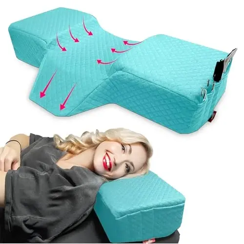 XOLLOZ Lash Pillow for Eyelash Extensions - Curved Memory Foam Bed Pillow, Ergonomic Head Rest with Neck Support, Side Pockets for Tools, Fits Lash Beds for Tech – Blue - LASH