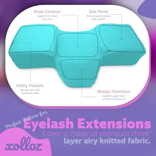 XOLLOZ Lash Pillow for Eyelash Extensions - Curved Memory Foam Bed Pillow, Ergonomic Head Rest with Neck Support, Side Pockets for Tools, Fits Lash Beds for Tech – Blue - 6