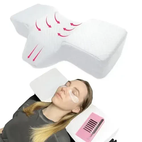 XOLLOZ Lash Pillow for Eyelash Extensions - Curved Memory Foam Bed Pillow, Ergonomic Head Rest with Neck Support, Side Pockets for Tools, Fits Lash Beds for Tech – White 