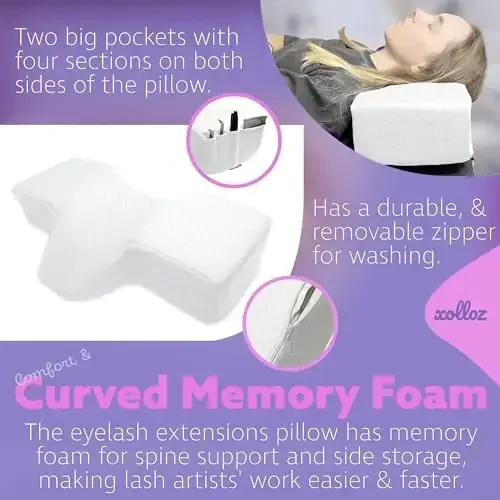XOLLOZ Lash Pillow for Eyelash Extensions - Curved Memory Foam Bed Pillow, Ergonomic Head Rest with Neck Support, Side Pockets for Tools, Fits Lash Beds for Tech – White - 5