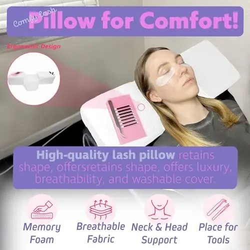 XOLLOZ Lash Pillow for Eyelash Extensions - Curved Memory Foam Bed Pillow, Ergonomic Head Rest with Neck Support, Side Pockets for Tools, Fits Lash Beds for Tech – White - 2