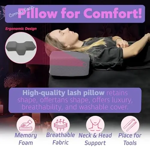 Lash Pillow for Eyelash Extensions - Curved Memory Foam Bed Pillow, Ergonomic Head Rest with Neck Support, Side Pockets for Tools, Fits Lash Beds for Tech – Gray - LASH (1)