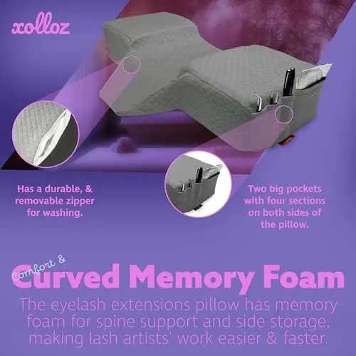 Lash Pillow for Eyelash Extensions - Curved Memory Foam Bed Pillow, Ergonomic Head Rest with Neck Support, Side Pockets for Tools, Fits Lash Beds for Tech – Gray - 5