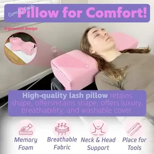 XOLLOZ Lash Pillow for Eyelash Extensions - Curved Memory Foam Bed Pillow, Ergonomic Head Rest with Neck Support, Side Pockets for Tools, Fits Lash Beds for Tech – Pink - 10
