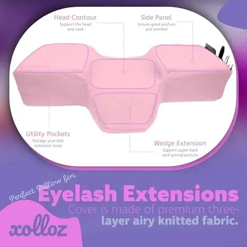 XOLLOZ Lash Pillow for Eyelash Extensions - Curved Memory Foam Bed Pillow, Ergonomic Head Rest with Neck Support, Side Pockets for Tools, Fits Lash Beds for Tech – Pink - 7
