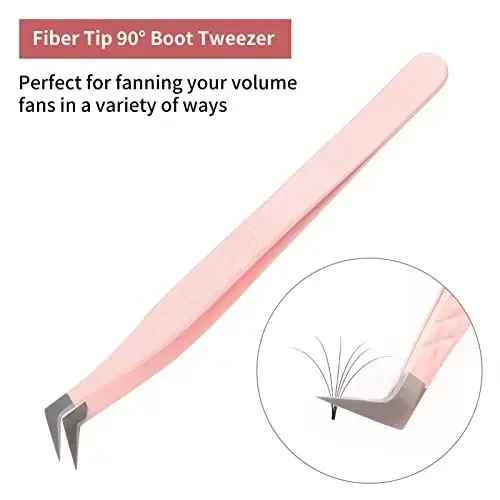 Lash Extension Tweezers Fiber Tips Volume Lash Tweezers Curved Precision Pink Eyelash Tweezers 90 Degree Angle Boot Great for Larger Fans Eyelash Extension Tweezers Professional - FADLASH (1)
