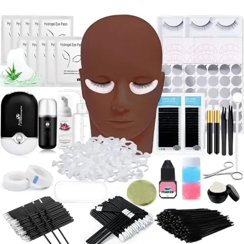Lash Extension Kit Professional Eyelash Extensions Supplies Training for Beginners Mannequin Head Grafting Lash USB Fan Lash Shampoo Brush Spraye 0.07D Curl Mix 8-15mm Practice Eyelash Strips - 1