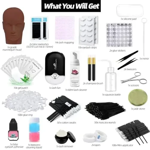 Lash Extension Kit Professional Eyelash Extensions Supplies Training for Beginners Mannequin Head Grafting Lash USB Fan Lash Shampoo Brush Spraye 0.07D Curl Mix 8-15mm Practice Eyelash Strips - DNSGOOR (1)