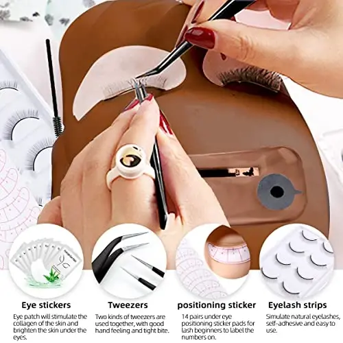 Lash Extension Kit Professional Eyelash Extensions Supplies Training for Beginners Mannequin Head Grafting Lash USB Fan Lash Shampoo Brush Spraye 0.07D Curl Mix 8-15mm Practice Eyelash Strips - 3