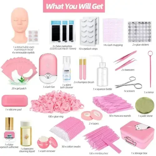 Lash Extension Kit Professional Eyelash Extensions Practice Set with Mannequin Head Removable Eyelids USB Lash Fan Individual False Eyelash Shampoo Brush Glue Practical Tools for Beginners - Modazone (1)