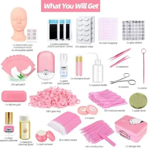 Lash Extension Kit Professional Eyelash Extensions Practice Set with Mannequin Head Removable Eyelids USB Lash Fan Individual False Eyelash Shampoo Brush Glue Practical Tools for Beginners - Modazone (1)