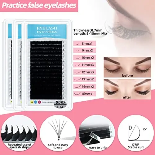 Lash Extension Kit Professional Eyelash Extensions Practice Set with Mannequin Head Removable Eyelids USB Lash Fan Individual False Eyelash Shampoo Brush Glue Practical Tools for Beginners - 4