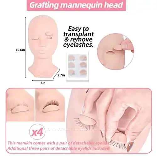 Lash Extension Kit Professional Eyelash Extensions Practice Set with Mannequin Head Removable Eyelids USB Lash Fan Individual False Eyelash Shampoo Brush Glue Practical Tools for Beginners - 3