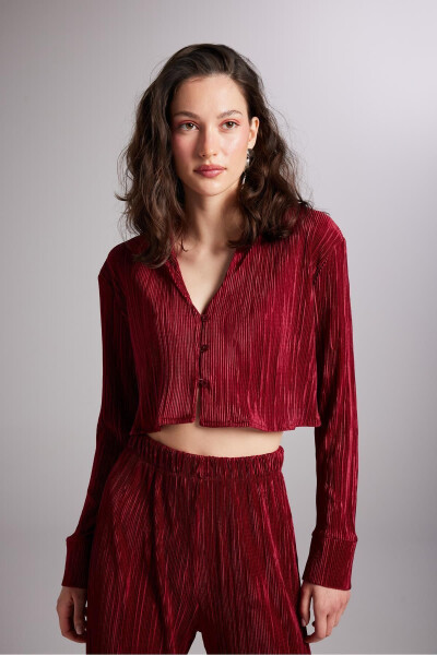 Crop Model Düğme Kapamalı Comfy Crop Gömlek Bordo-Bordo - 2