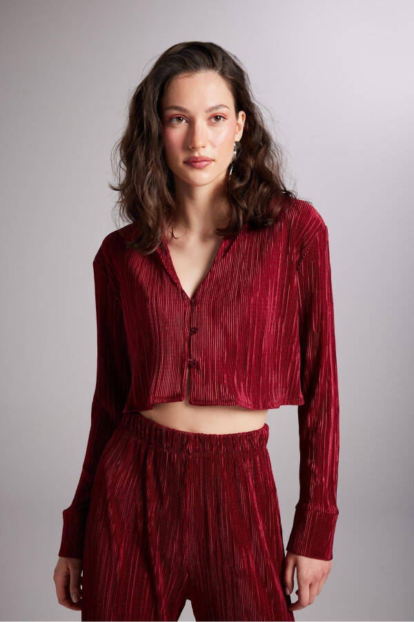Crop Model Düğme Kapamalı Comfy Crop Gömlek Bordo-Bordo - 2