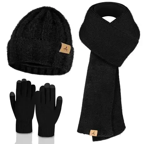 Winter Beanie Hat Scarf Gloves, Warm Fleece Knit Hat Long Scarf Neck Warmer Touch Screen Winter Gloves Set Gifts for Women 