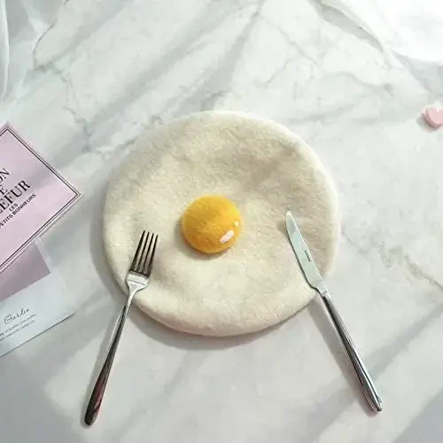 Winter Beret Hat Cute Poached Egg Soft Wool Felt Beret Handmade Painter Creative Hat Cap for Women Kids Girls White - 7