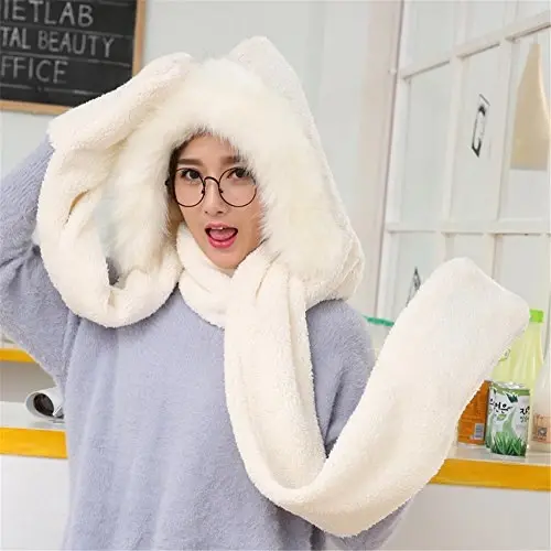 Winter Warm Women Siamese Hoodie Gloves Pocket Earflap Hat Long Scarf Shawl Wraps - 5