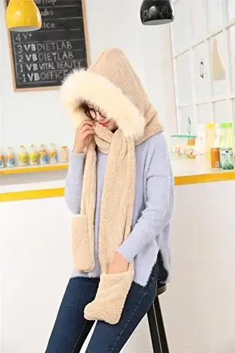 Winter Warm Women Siamese Hoodie Gloves Pocket Earflap Hat Long Scarf Shawl Wraps - 3